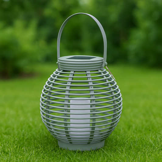Garten Laterne Rattan-Optik 43,5 x Ø 38 cm Hellgrau Solarbetrieben Dekolicht